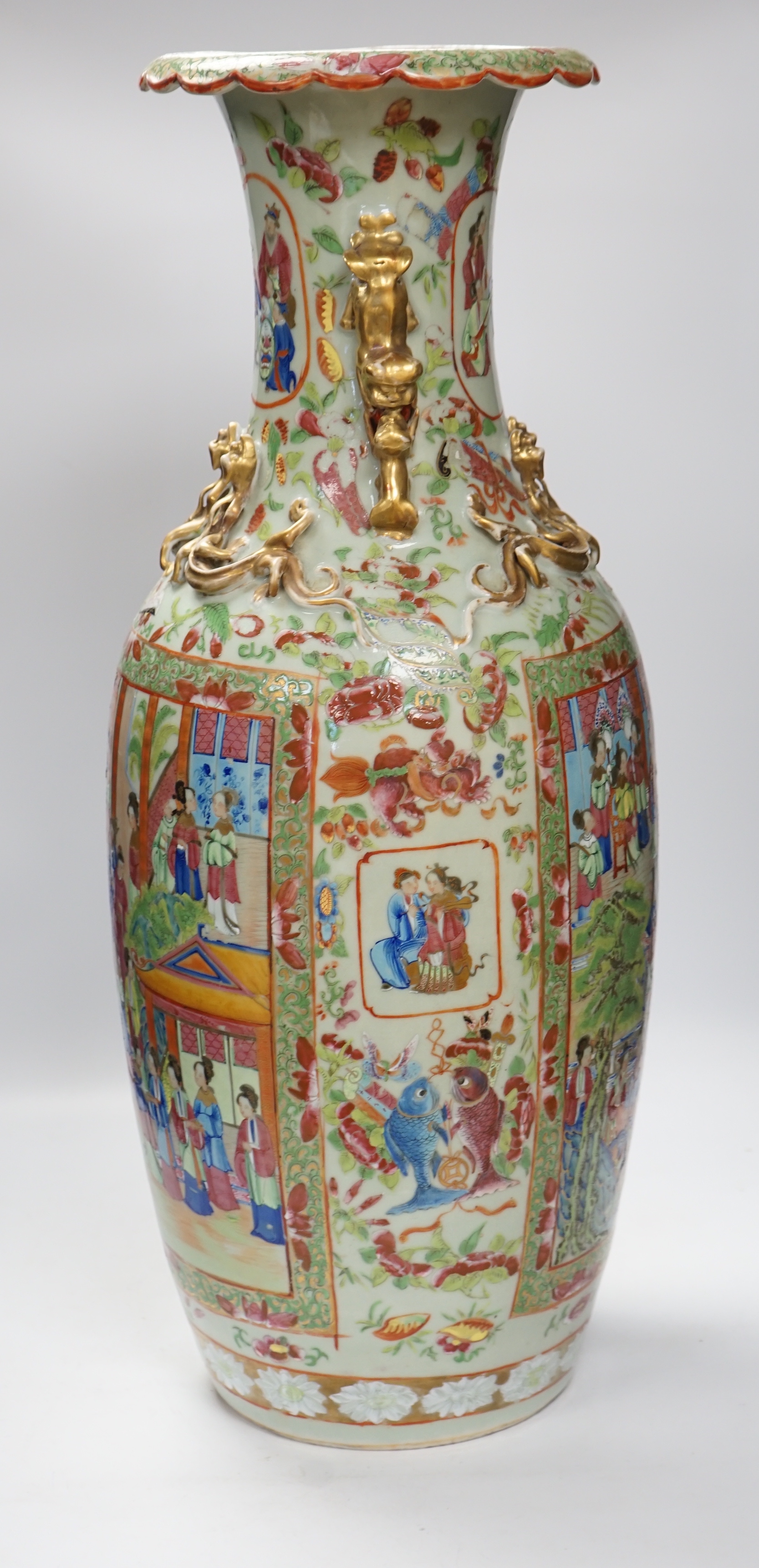 A large Chinese famille rose celadon ground vase, 19th century, 64cm high (a.f.)